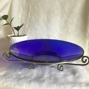 Very Large Cobalt Blue Glass Bowl with Metal Stand